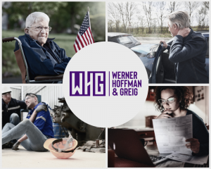 Collage for 4 images showing people in different kinds of distress including an injured US veteran, a man with a sore neck from a car wreck, an injured worker, and a woman stressed over unpaid bills. There is a logo for WHG law firm in the middle.