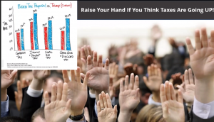 Raised hands and a charts showing that taxes are going up