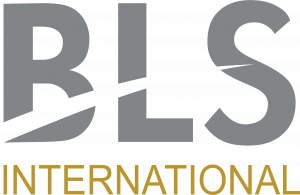 Logo of BLS International Services Limited, featuring bold, modern typography with the acronym 'BLS' in large, capital letters, followed by 'International' in smaller font. The design conveys a professional and global corporate identity, symbolizing the c