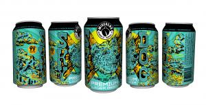  A photo of a 12 oz can with an elaborate design of a sea foam green dog's face with yellow flourishes and the words "Perro Del Cielo".