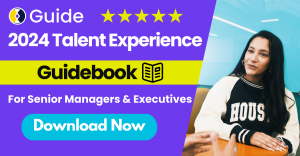 A picture of a woman sitting in a chair facing forward, to the left of her reads "2024 Talent Experience Guidebook" with the Guide logo to the top left