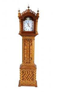 Federal-style parquetry tall case clock, Massachusetts Tradition, circa 1880. Estimate: $3,000-$5,000.