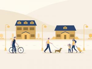 Annimated people walking in a neighborhood with a dog, bike and luggage.