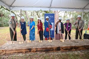 Members of the Florida State Parks Foundation, the Fort Mose Historical Society, Florida State Parks, Dr. Jane Landers and Dr. Kathleen Deagan participate in a groundbreaking ceremony at Fort Mose Historic State Park on Jan. 19, 2024.