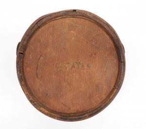 Lot #1 is a circa 1777 Continental Army staved canteen with two interlocking hoops, marked on the face "U:STATES" and used by a soldier in the War of 1812 (est. $5,000-$10,000).