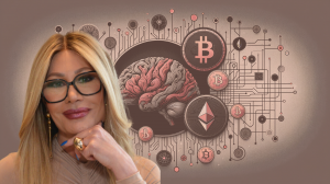 Image of Dr. Sydney Ceruto with a background of Crypto Currency symbols.