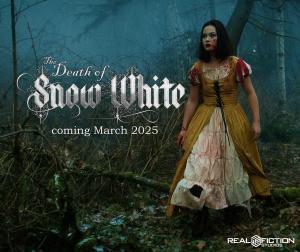 Actor Sanae Loutsis as Snow White standing in a dark forest holding a bloody dagger with the title "The Death of Snow White" Coming March 2025