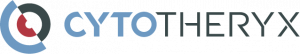 Image with half circles at an angle representing a liver cell with the capitalized text of the CYTOTHERYX company name to the right of the logo