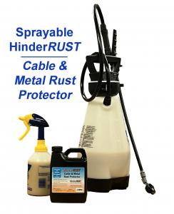 HinderRUST Cable & Metal Rust Protector shown with garden sprayer