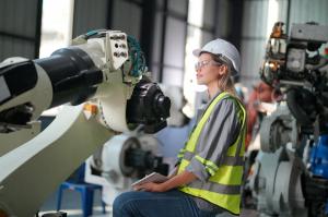 Woman in a hard hat and vest next to automated machinery.