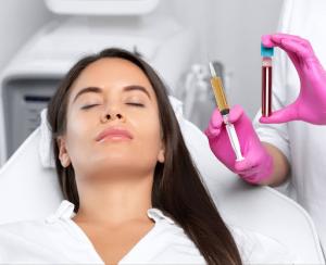 Woman about to get PRP, or platelet rich plasma, injections. Doctor or nurse holding vial of PRP and syringenext to woman's face.