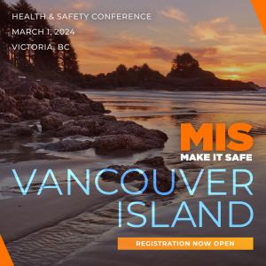 Image of rocky Vancouver Island beach with the tide out and trees in the background during sunset. Text in image: Make It Safe Vancouver Island, Health & Safety Conference, March 1, 2024, Victoria, BC, Book Early for Best Rates