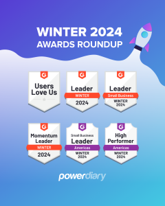An awards announcement graphic for Power Diary featuring their Winter 2024 achievements. The image displays a rocket launching over a curved wave, symbolizing progress and success. Below the rocket, there are six award badges lined up in two rows, each ba