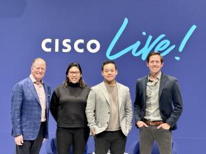 Journey cofounders, Brett and Alex Shockley, on stage at CiscoLiveEMEA with Lorrissa Horton (SVP/GM and Chief Product Officer, Cisco Webex) and Jono Luk (Vice President of Product Management, Cisco Webex)