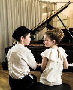 Child prodigies Filip Trifu and Soley Bluml at Steinway&Sons B-211 wearing The Small Gatsby