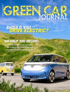 Cover of Green Car Journal issue showing an electric VW ID. BUZZ electric vehicle and a vintage VW microbus.