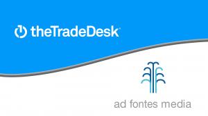 Logos of The Trade Desk, top left, white with a blue background, and Ad Fontes Media, bottom right, in gray and blue with a white background, the background colors separated through the middle with a wavy gray line