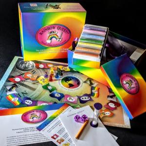 Rainbow Quest! board game showing all components