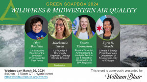 Image contains photos of panelists and event information for the Green Soapbox hybrid event on Wednesday, March 20, 2024