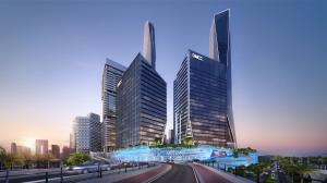 Uptown Dubai development from ground level, image by BSBG