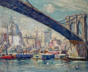 Oil on canvas board by Max Kuehne (German/American, 1880-1968), titled Brooklyn Bridge with View of Manhattan, circa 1911, signed, dated and framed (est. $3,000-$5,000).