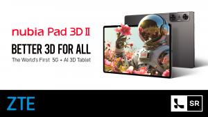 Product image of ZTE's nubia Pad 3D II featuring the front and back of the tablet. The front of the tablet has an astronaut-like humanoid surrounded by pink flowers.