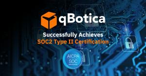 Image of qBotica announcing it's SOC2 Type 2 Achievement across a backdrop that shows security symbols