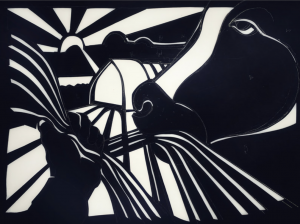 Film still, each scene is meticulously handcrafted out of paper silhouettes by artist/director Joe Brin