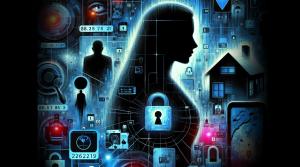 A digital image to representing doxing, features a silhouette of a woman, showing a side profile, against a black background, and surrounded by images including a padlock, mobile phone, mobile phone, and a man's silhouette
