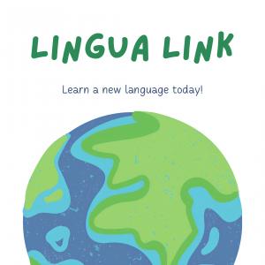 The image shows a cartoon globe. Above the globe, the words LINGUA LINK are spelled out. Below the words LINGUA LINK, the image says: Learn a new language today!