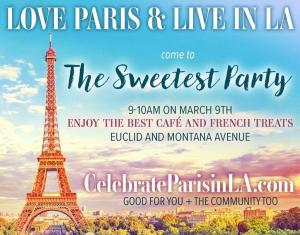 March 9th at 9am Saturday Celebrating Women's Day with The Sweetest French Pastry Party at Le Cafe de la Plage on Montana Avenue for Susan wearing hat that reads 'Celebrating Women' www.LovetoCelebrateWomen.com