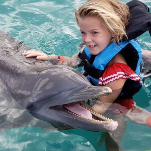 girl in dolphin encounter program in grand cayman