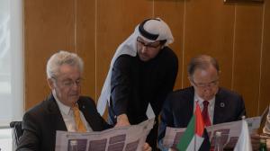 H.E. Ban Ki-moon, H.E. Heinz Fischer and H.E Dr. Tariq Al Gurg in the Dubai Cares offices, UAE