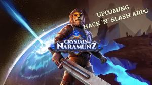 Thumbnail featuring in the foreground the male Felorian knight at the ready, the Crystals of Naramunz logo and title “Upcoming Hack ‘n’ Slash ARPG”. Background image consists of two art images fused together, showing the catastrophic Nexus event that dest