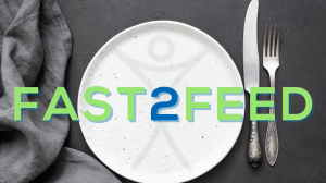 Empty Plate with fork and knife and Napkin with Fast2Feed writen in blue and green.