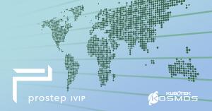 Illustration showing global map and prostep ivip logo with Kubotek Kosmos logo