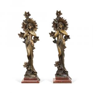 Pair of circa 1900 figural gilt bronze statues on marble bases by Emmanuel Villanis (French, 1858-1914), titled Soleil, 41 ¾ inches tall, titled to the front and signed “E. Villanis” (est. $8,000-$16,000).