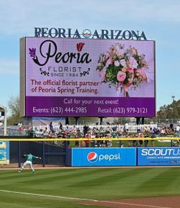 Scoreboard at Peoria Sports Complex with Peoria Florist logo