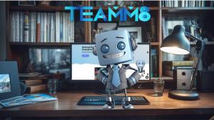 A 3D robot in a suit stands in an office, hands on hips, with a bookshelf, desk, and computer showing robot images; 'TEAM M8' is overhead.