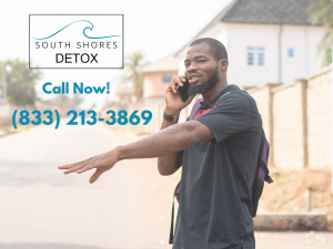 A man on the phone indicates the concept of Get free, confidential insurance verification at South Shores Detox - call now!