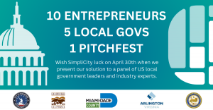 Entrepreneurial pitch event announcement featuring 10 entrepreneurs, 5 local governments, and 1 pitchfest, with representations of USA local government seals.