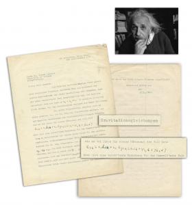 Two-page typed letter signed in German by Albert Einstein in 1935, with mathematical equations and edits in his hand, regarding the chilling difficulties sometimes encountered when attempting to articulate the theory of general relativity (est. $24,000-$3