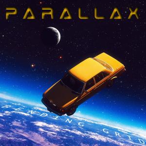 Album Artwork for Bending Grid's PARALLAX album, Yellow car orbiting Earth in Space, Moon in the background, Sci-Fi text with title "PARALLAX" written, Earth seen with Bending Grid written in an arc across it
