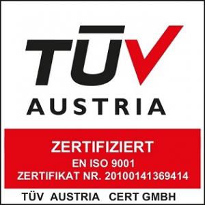 TÜV Austria Zertifizierung für EN ISO 9001:2015, Zertifikat Nr. 20100141369141, TÜV Austria Cert GmbH