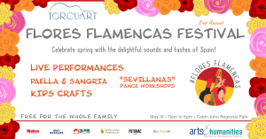 festival flyer with big flowers in orange, red, pink announcing the event