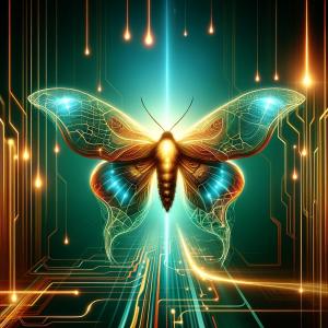 A futuristic silk moth with gold and green microchips in its wings, is a symbol of Bifin AI