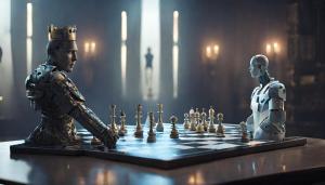 Two robot torsos playing chess, one crowned, symbolizing AI's challenge to human intellect and strategy