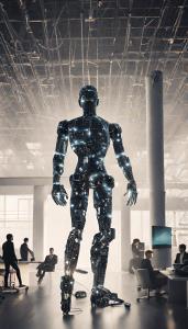 A robot symbolizing AI standing tall in the middle of an office space with people working around it.