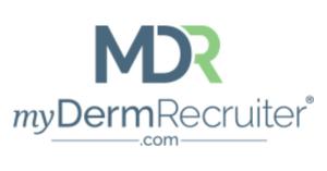 myDermRecruiter Logo with deep blue and green lettering.