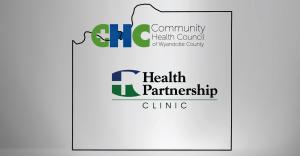 The Community Health Council logo is crossing the border of Johnson County, Kan. while the borderlines are intwined in the text. In the middle of the county is the Health Partnership Clinic logo. the back ground is light grey and spot lit down the middle.